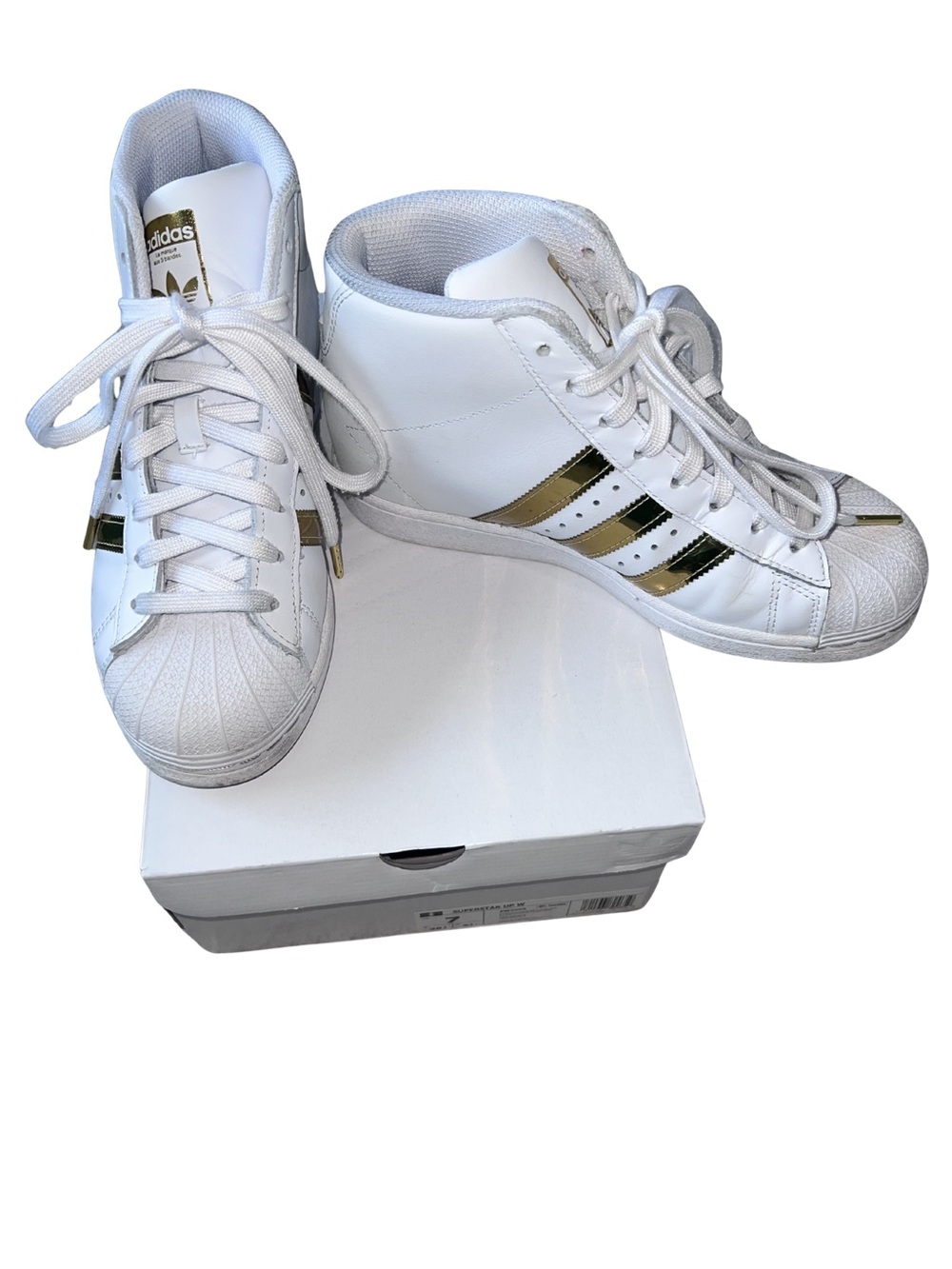 RARE Gold Stripes Adidas Superstar Up High-Top Sneakers With Hidden Wedge Heel